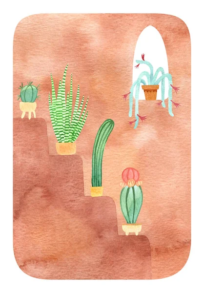 Watercolor Background Terracotta Walls Cacti Earth Tones Burnt Orange Terracotta — Stock Photo, Image