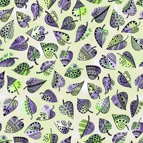 Зеленый Фиолетовый Декоративные Листья Текстуры Акварель Чернильный Лист Бесшовный Узор — стоковое фото