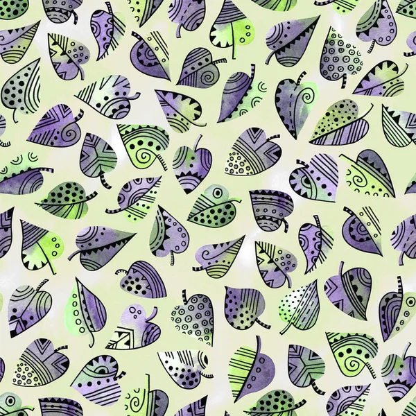 Green and violet decorative leaves texture. Watercolor and ink leaf seamless pattern. Great for packaging, product design, fabric.