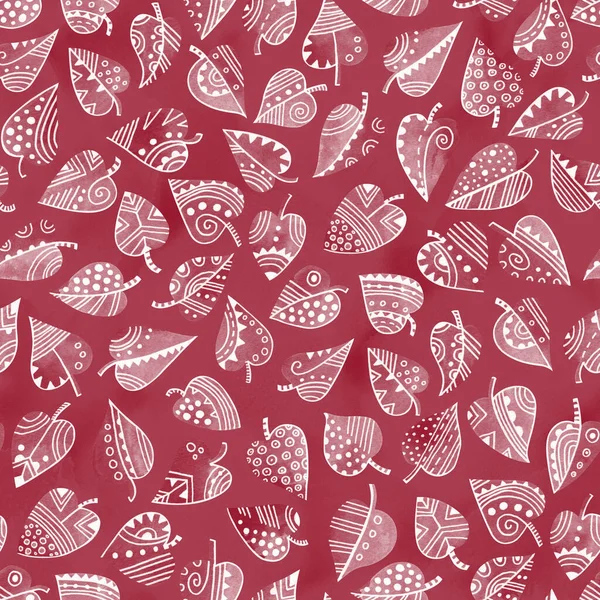Burgunder Dekorative Blätter Textur Aquarell Und Tuscheblatt Nahtlose Muster Ideal — Stockfoto