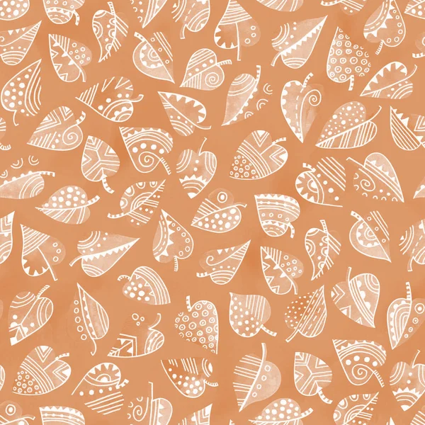 Peach Decorative Leaves Texture Watercolor Ink Leaf Seamless Pattern Great — Stock Photo, Image
