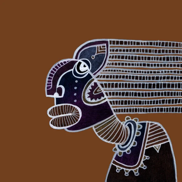 非洲部落妇女绘画 头发辫子在风中飘扬 装饰字符说明 — 图库照片
