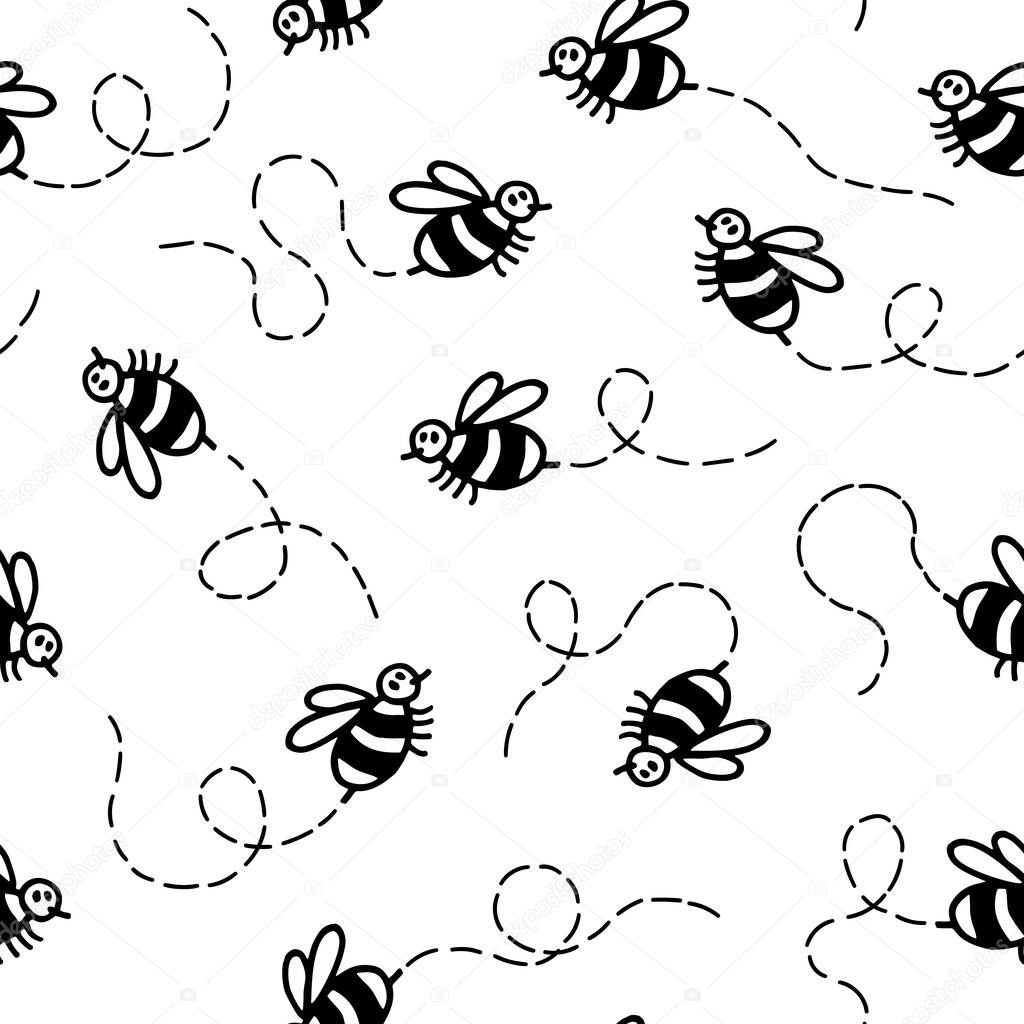 Flying bees black and white seamless pattern. Fun doodle style bee background.