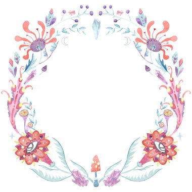 Göz, yapraklar, kristaller ve mantarlardan oluşan sihirli çiçek çelenkleri. Büyücülük tasarım elementi beyaza izole edildi. Cadılar Bayramı, esrarengiz, ruhani illüstrasyon.