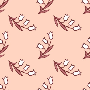 Şeftali pembesi üzerine elle çizilmiş çan çiçeğiyle kusursuz desen. Basit çiçek arkaplanı.