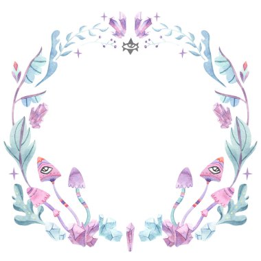 Yapraklı, göz sembollü, kristalli, mantarlı sihirli çiçek çelengi. Büyücülük tasarım elementi beyaza izole edildi. Cadılar Bayramı, esrarengiz, ruhani illüstrasyon.