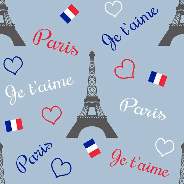 Seamless Paris text design illustration with Eiffel Tower, tricolor heart shapes and French flag decoration on blue background for Valentine\'s Day