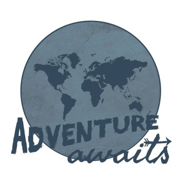 Metin tasarlamak grunge mavi zemin üzerine dünya harita ve ok dekorasyonu ile macera bekliyor