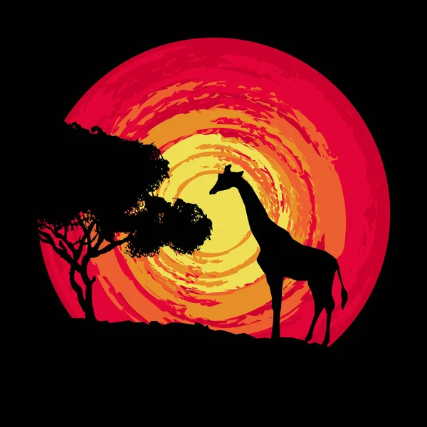 Африканский Закат Иллюстрация Красным Гранж Солнце Жираф Дерево Силуэт Украшения — стоковое фото
