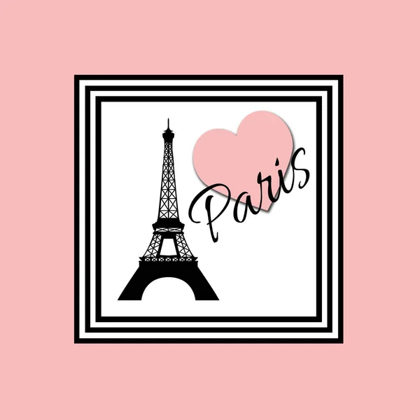 エッフェル塔とピンクの背景の黒と白のフレームにピンクのハート デコレーション パリ本文デザイン イラスト — ストック写真