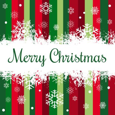 Neşeli Noel metin tasarım illüstrasyon kırmızı ve yeşil şeritli arka plan üzerinde kar taneleri dekorasyonu ile