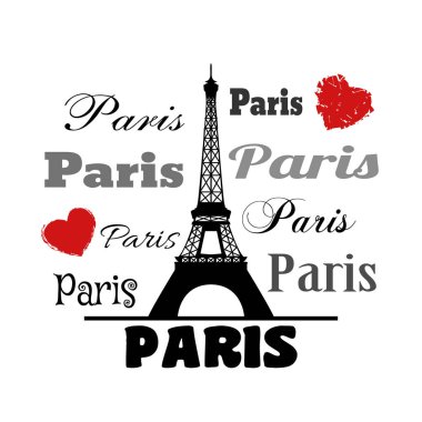 Paris metin tasarlamak Eyfel Kulesi ve beyaz zemin üzerine kırmızı kalp şekilleri dekorasyon ile