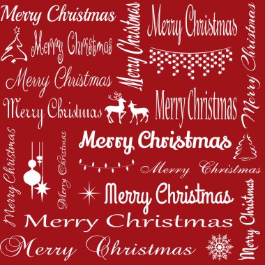 Neşeli Noel tipografi illüstrasyon kırmızı zemin üzerine Noel simgeler süslemeli