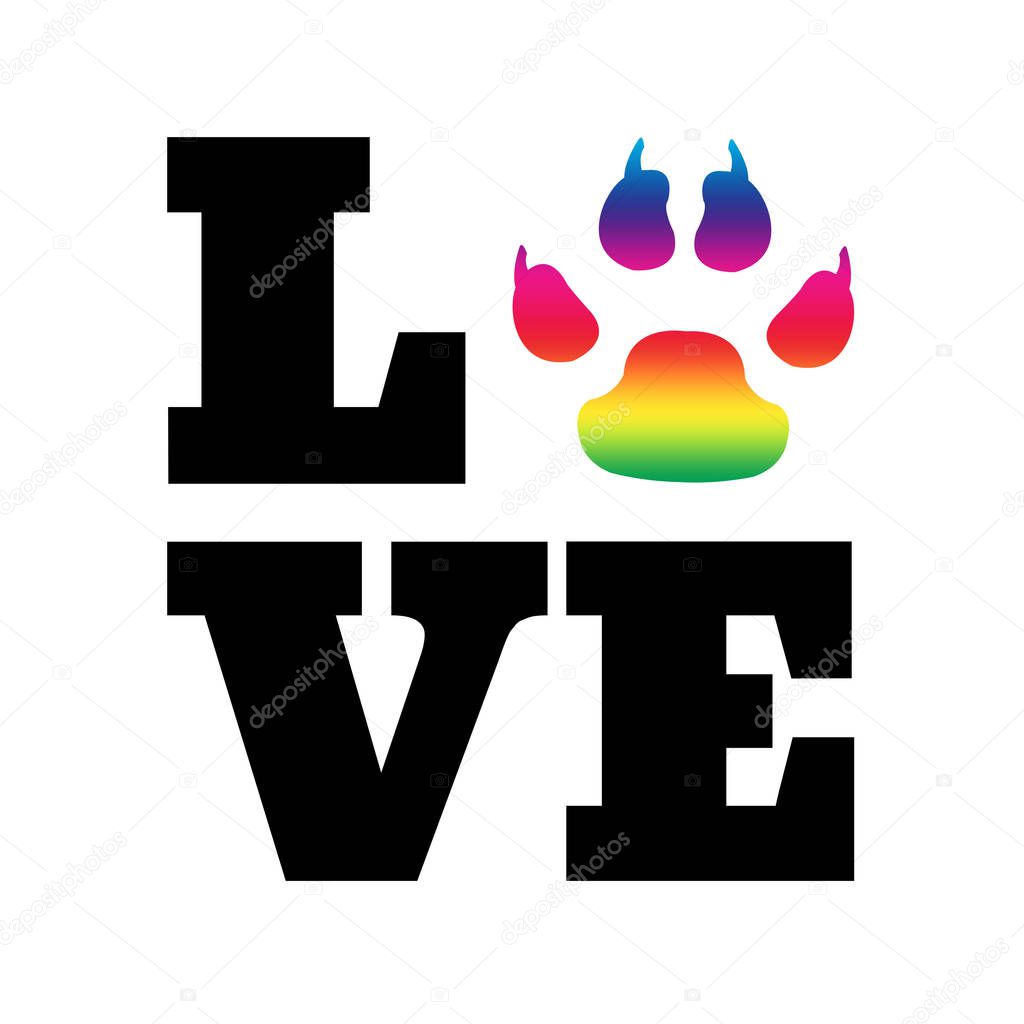 Love text design illustration with rainbow dog paw decoration on white background