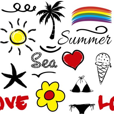 Yaz sembolleri (palmiye ağacı, gökkuşağı, dalgalar, güneş, çiçek, dondurma, denizyıldızı, bikini) ve beyaz arka plan metin tasarımı ile kırmızı kalp dekorasyonu ile dikişsiz yaz deseni