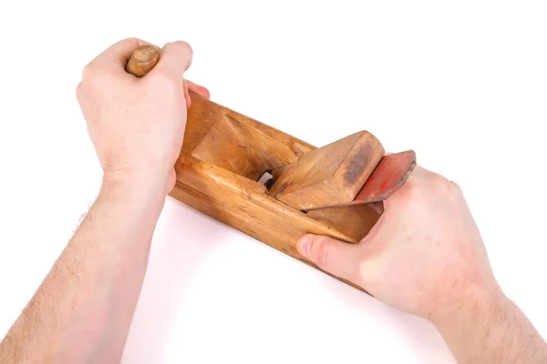 Woodworker Showing Right Position Hand Plane — Stock Photo, Image