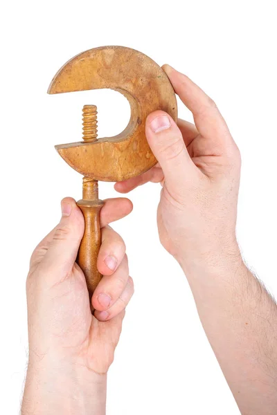 Woodworker Showing Right Position Wooden Clamp — Stock Photo, Image