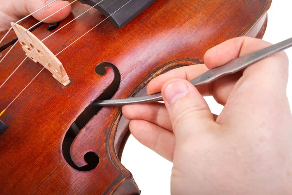 Luthier Mostrando Uso Correcto Del Fijador Poste Sonido — Foto de Stock