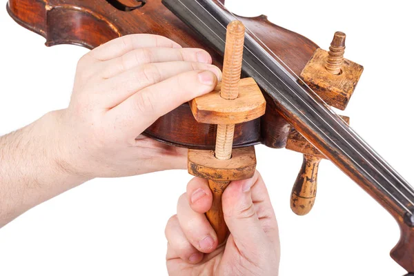 Usando Braçadeiras Madeira Corpo Violino Vista Perto — Fotografia de Stock