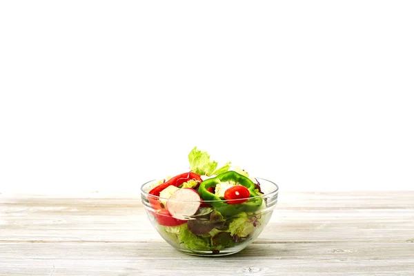 Bol Plein Salade Fraîche Sur Une Table Bois Blanc Fond — Photo