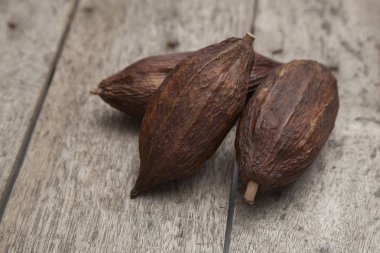 Bir karanlık rustik ahşap masa arka plan üzerine kakao pod