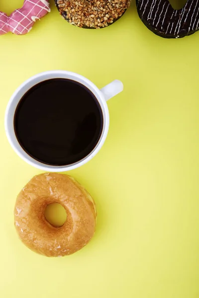 Donuts Caffee Cup Yellow Background — Stock Photo, Image