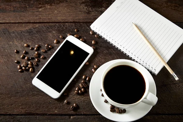 Kreatív Látkép Fentről Másolás Hely Irodai Asztal Mobiltelefon Kávé Fából — Stock Fotó