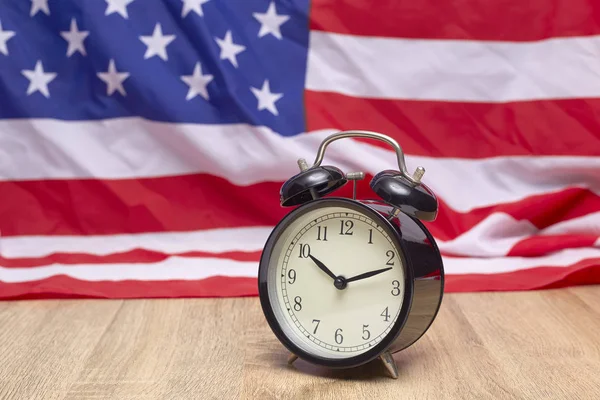 National Flag America Black Alarm Clock Old Wooden Background — Stock Photo, Image