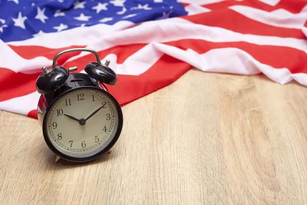 National Flag America Black Alarm Clock Old Wooden Background — Stock Photo, Image