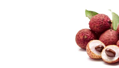 Close up Fresh lychees with leaves on isolated on white background clipart