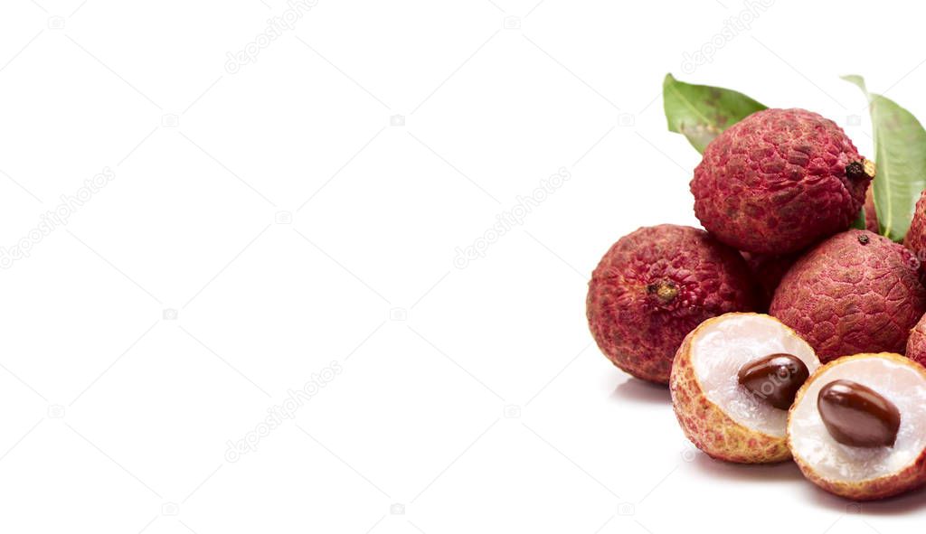 Close up Fresh lychees with leaves on isolated on white background
