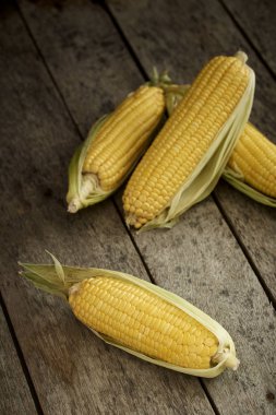 Mısır sarı altın yaz ahşap masa closeup, tarih gün güneş ışığı en iyi görünümü üzerinde organik.