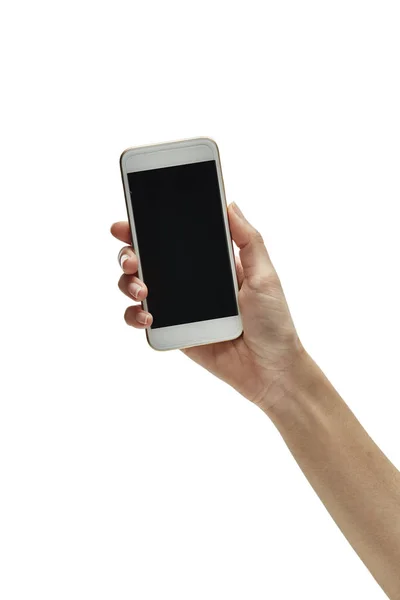 Жінка Тримає Руку Сенсорний Екран Смартфон Або Мобільний Телефон Ізольовані — стокове фото