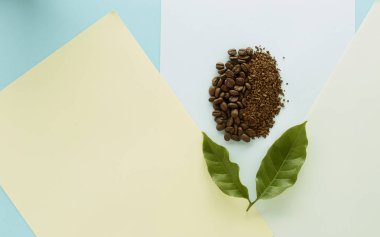 Kahve çekirdeği ve toz kahve kahve yaprak kağıt mavi, sarı, yeşil pastel renk arka plan, gıda düz lay, kavramı en az arka plan