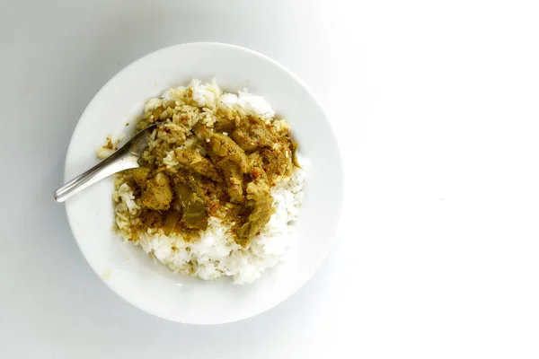 Thailändisches Essen Reis Und Curry Mit Gebratenem Schweinefleisch Hausgemachte Mutterhände — Stockfoto