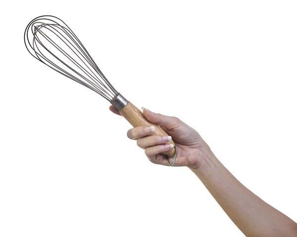 Mulher Mão Segurando Ovo Whisk Para Batedor Isolado Fundo Branco — Fotografia de Stock