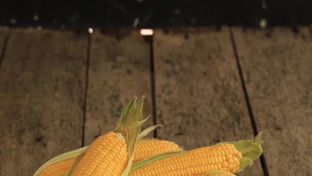 Corn Yellow Golden Summer Organic Wooden Table Closeup Top View — Stock Video