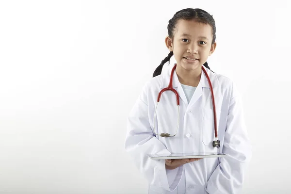 Cute Asian Little Girl Doctor Costume Stethoscope Tablet Smiling Looking — Stock Photo, Image