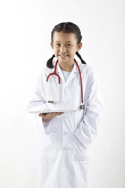 Cute Asian Little Girl Doctor Costume Stethoscope Tablet Smiling Looking — Stock Photo, Image