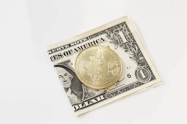 Bitcoin Oro Sobre Fondo Billete Dólar Concepto Moneda Moderna — Foto de Stock