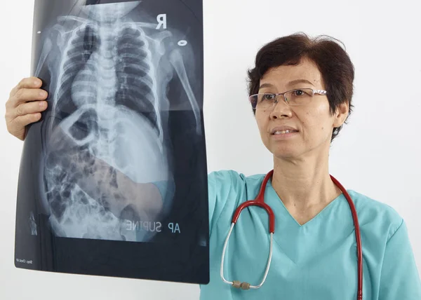 Old Female Doctor Looking Ray White Background — Stock Photo, Image