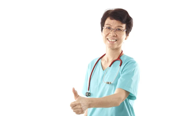 Portrait Asian Old Female Doctor Whie Background Gesturing Thumbs — Stock Photo, Image