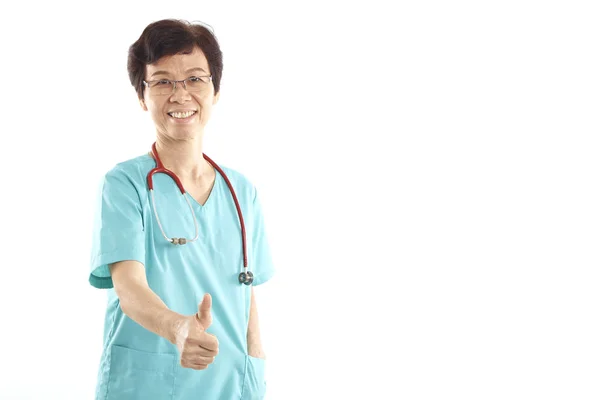 Portrait Asian Old Female Doctor Whie Background Gesturing Thumbs — Stock Photo, Image