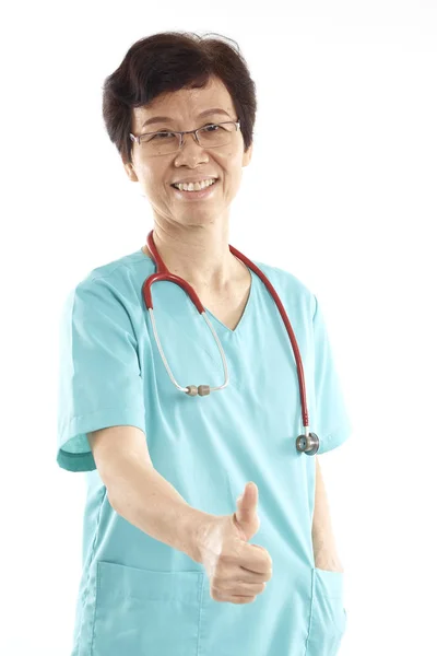 Portrait Asian Old Female Doctor Whie Background Gesturing Thumbs — Stock Photo, Image