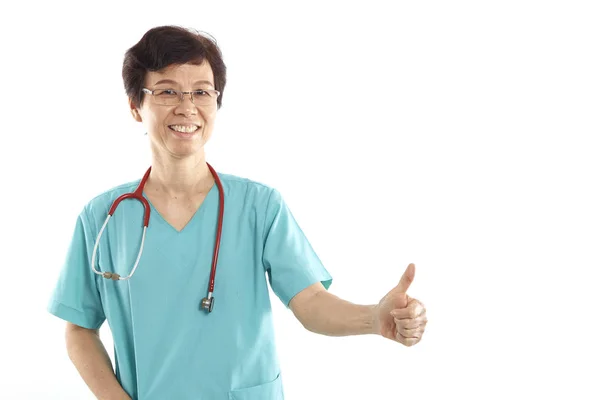 Portrait Asian Old Female Doctor Whie Background Gesturing Thumbs — Stock Photo, Image