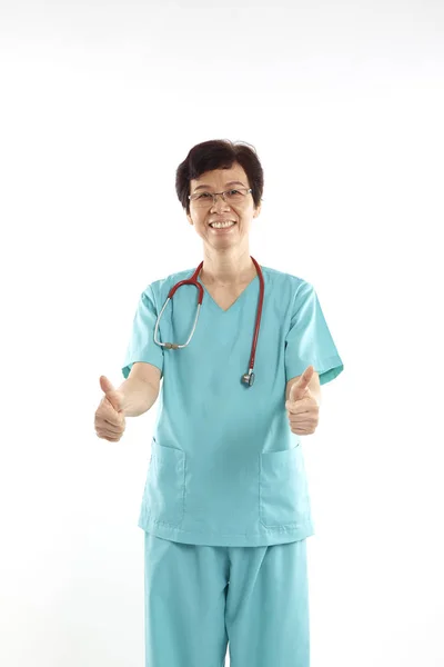 Portrait Asian Old Female Doctor Whie Background Gesturing Thumbs — Stock Photo, Image