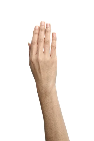 Frauenhand Zeigt Die Fünf Finger Isoliert Auf Weißem Hintergrund Nahaufnahme — Stockfoto
