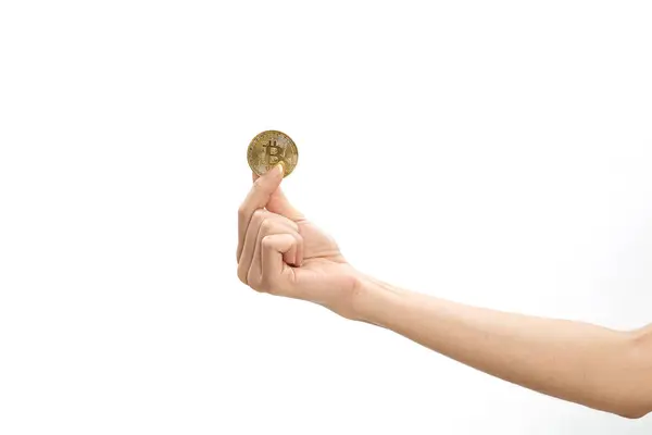 Cropped Shot Woman Holding Bitcoin White Background Financial Exchange Concepts — Stock Photo, Image