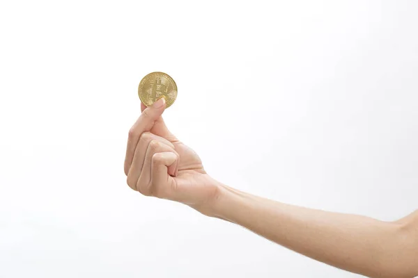 Cropped Shot Woman Holding Bitcoin White Background Financial Exchange Käsitteet — kuvapankkivalokuva