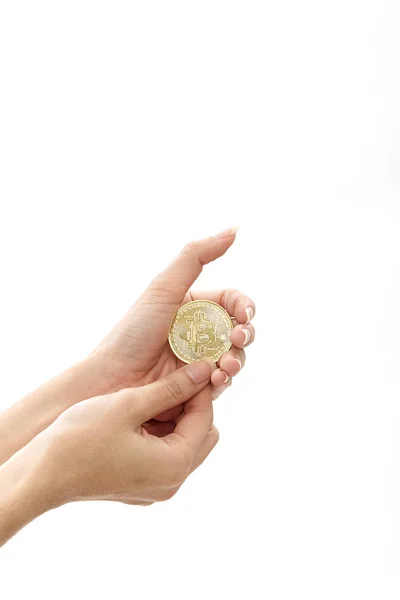 Cropped Shot Woman Holding Bitcoin White Background Financial Exchange Käsitteet — kuvapankkivalokuva